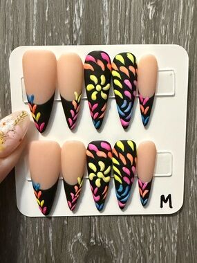 Matte Black Neon Floral Press-On Nails – Nude Accent